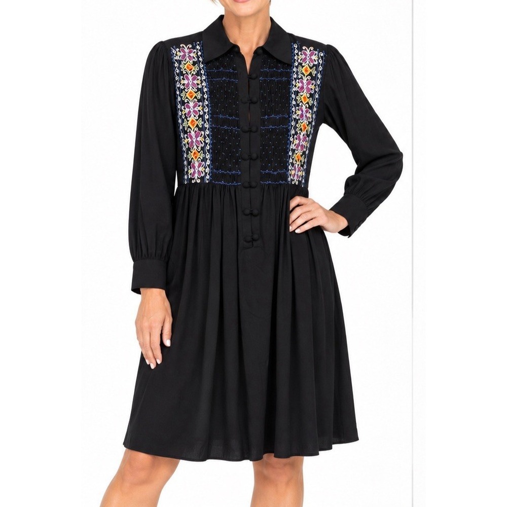 Passports of Pier 1 Imports VTG Dress Black Midi Floral Embroidered Size S